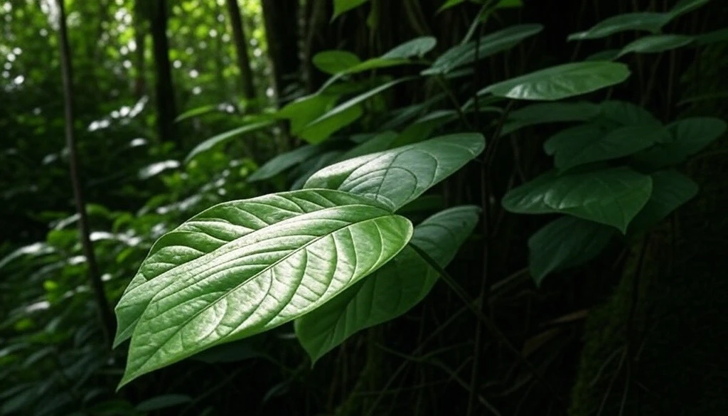 Close-up of a broad green kratom leaf in a dense tropical forest.