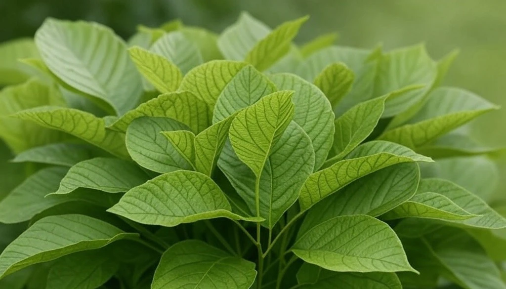 Close-up of lush kratom leaves on in the wild