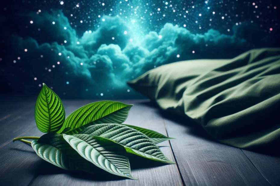 Kratom leaves on a wooden surface with a starry sky background signifying the connection of kratom and REM sleep
