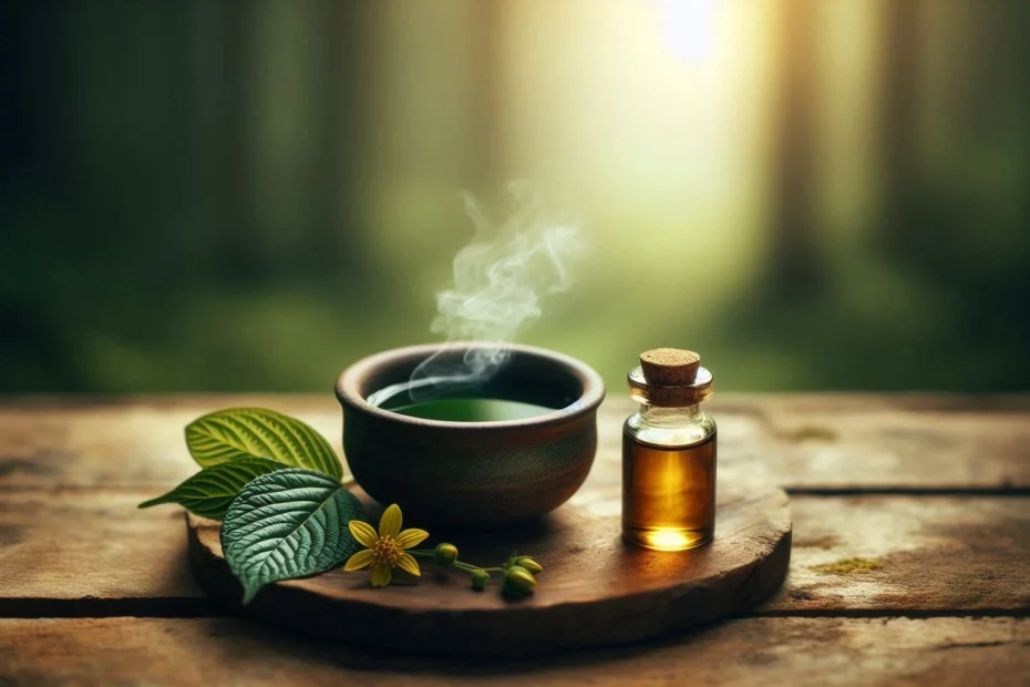 Kratom and rhodiola with a steaming cup of kratom tea and small tincture bottle of rhodiola on a wooden tray.