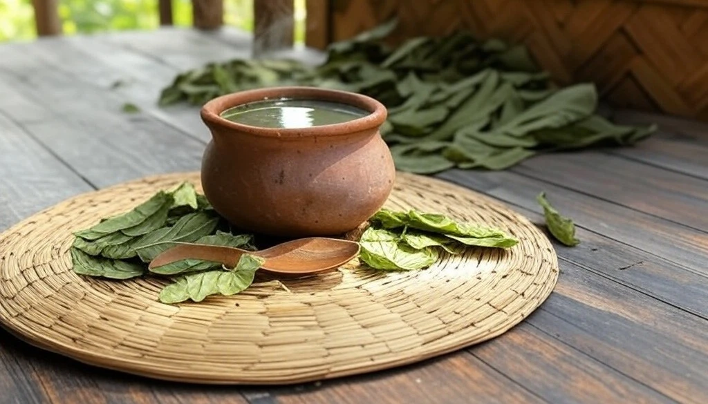 A rustic clay pot filled with kratom tea, accompanied by fresh leaves and a wooden spoon on a woven mat.