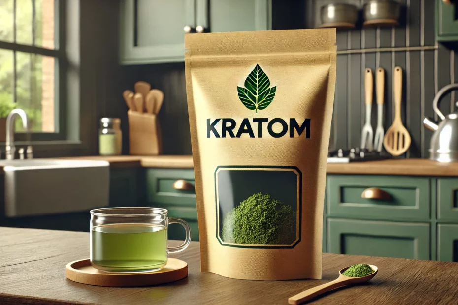 Glass cup of kratom tea on a kitchen counter with a bag of kratom powder and a small spoon of green powder highlight kratom nicknames