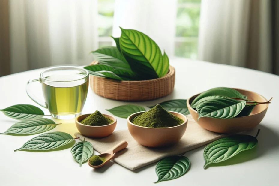 Glass cup of kratom tea with bowls of green powder and leaves on a white table highlighting different forms of kratom effects