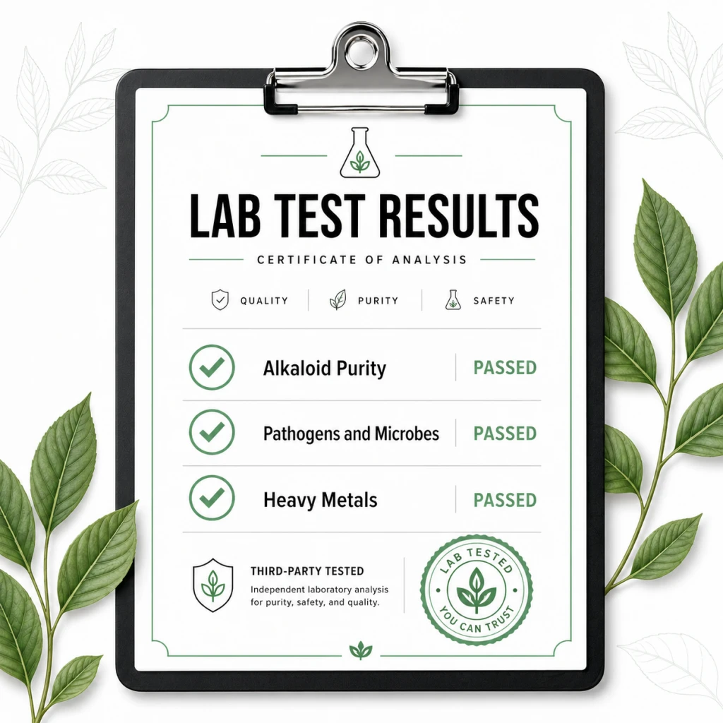 Lab testing for contaminants and purity, featuring a checklist with a green checkmark, icons of a microscope and bacteria, and a bottle with a dropper and a green leaf label, accompanied by green leaves.