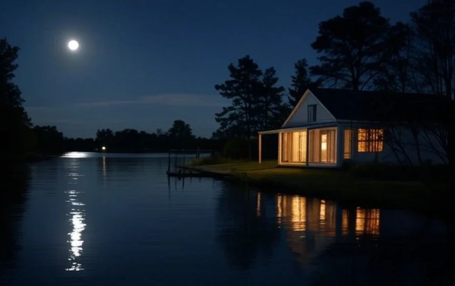 Lakeside cottage illuminated at night under a full moon with calm water reflections, highlighting kratom for night shift workers