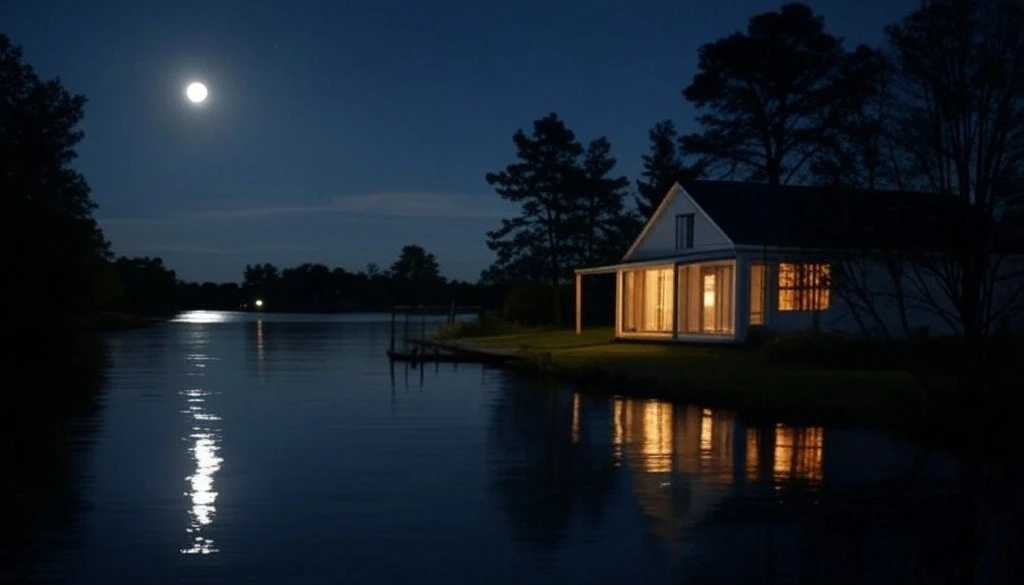 Lakeside cottage illuminated at night under a full moon with calm water reflections, highlighting kratom for night shift workers