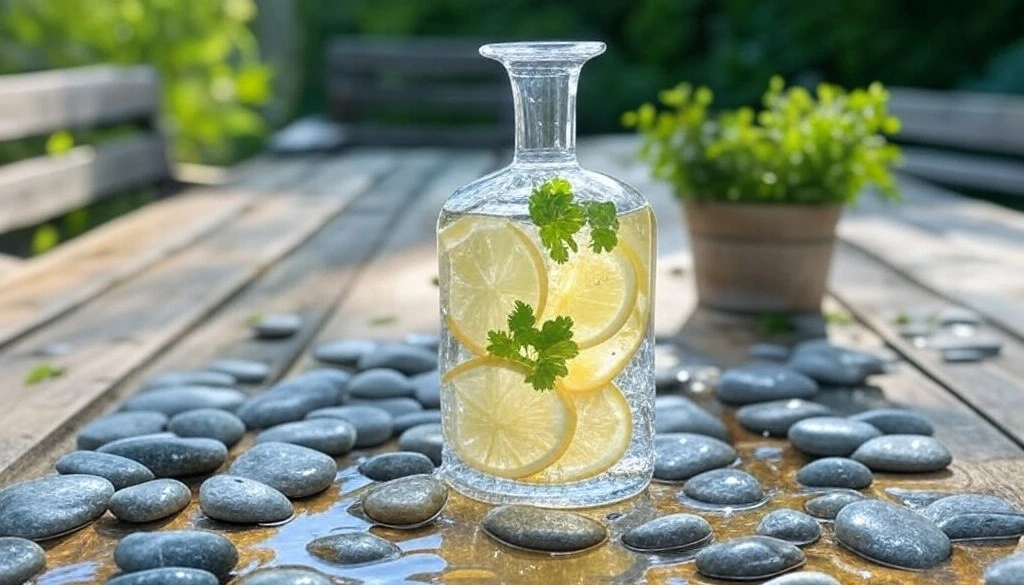 Glass bottle of lemon and parsley infused water on a wooden table with pebbles.