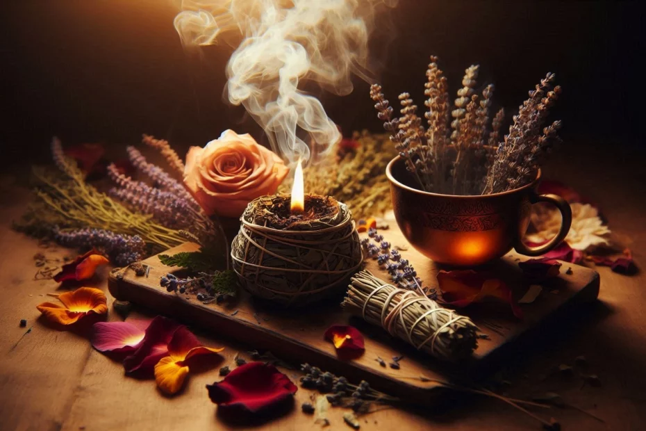 A lit candle with lavender and rose petals on a wooden surface showcasing the sacred energy in plant medicines