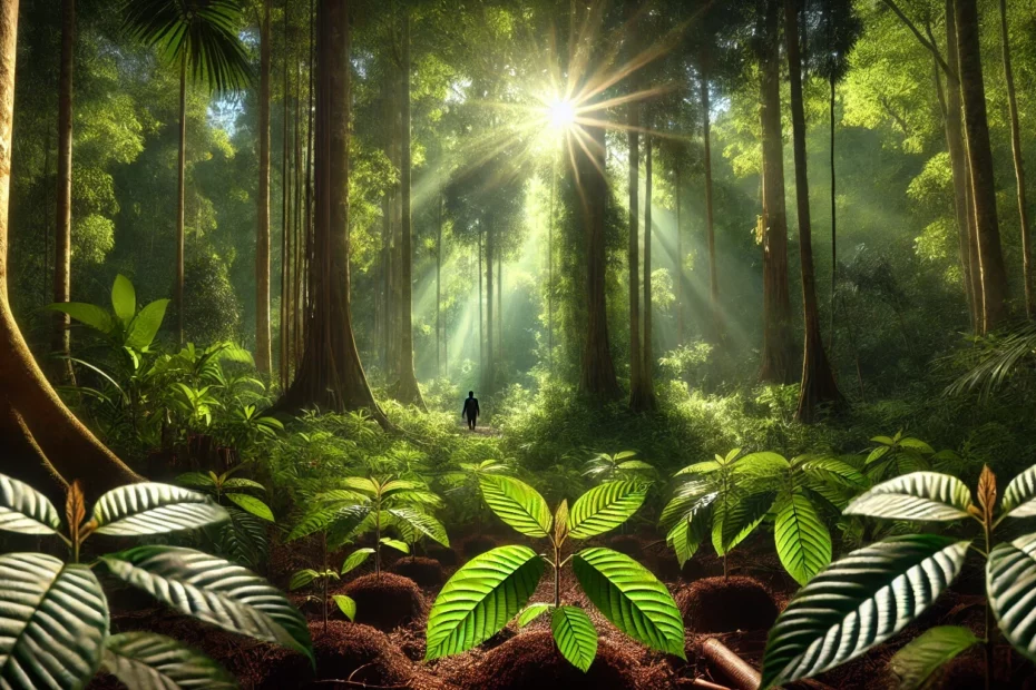 A serene tropical forest with sunlight streaming through tall trees and a lone explorer who is ethical sourcing plant medicines.