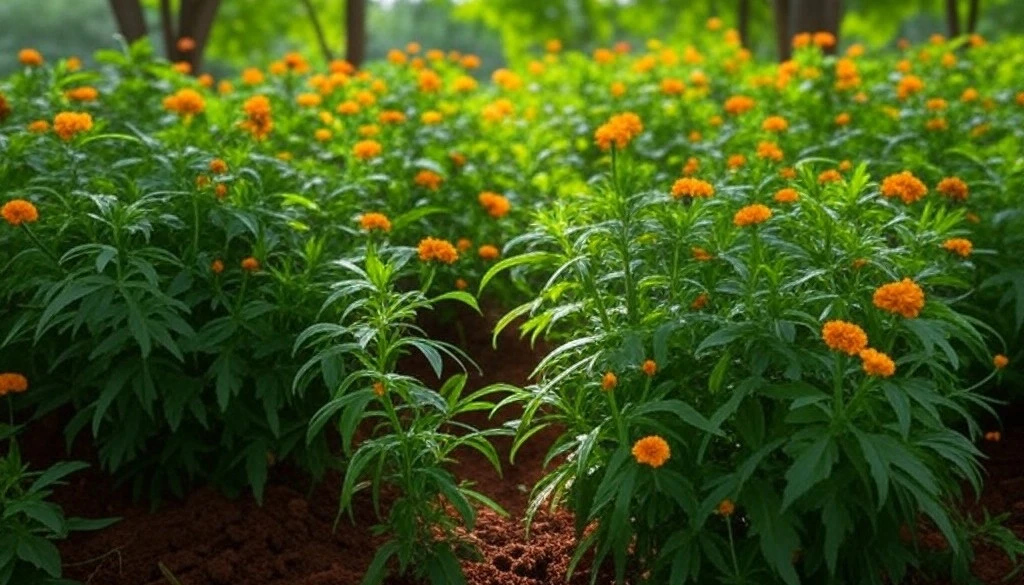Lush field of orange marigold flowers growing in full force
