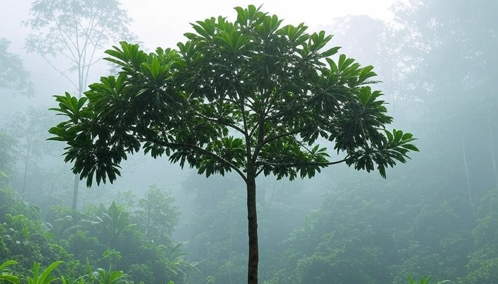 A single tropical kratom tree with broad green leaves in a misty jungle surrounded by dense foliage.