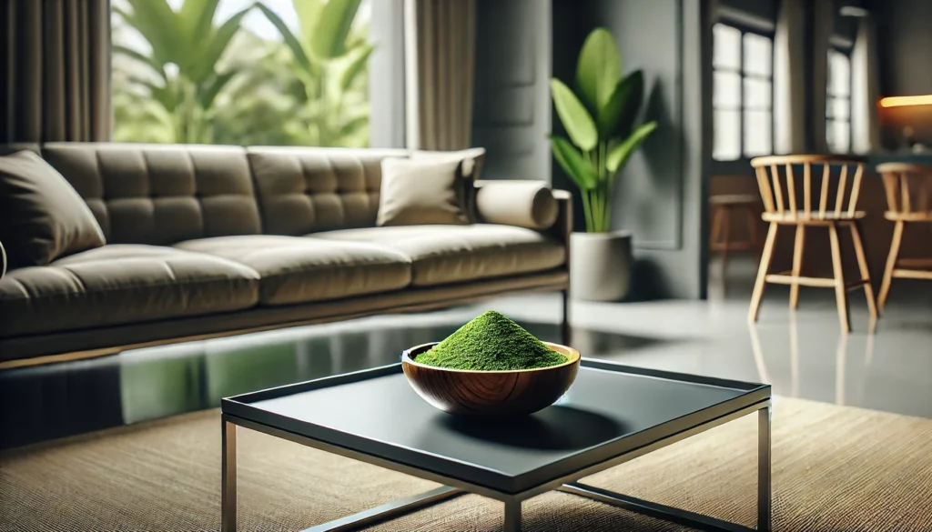 Modern living room with a large wooden bowl of kratom powder on a coffee table