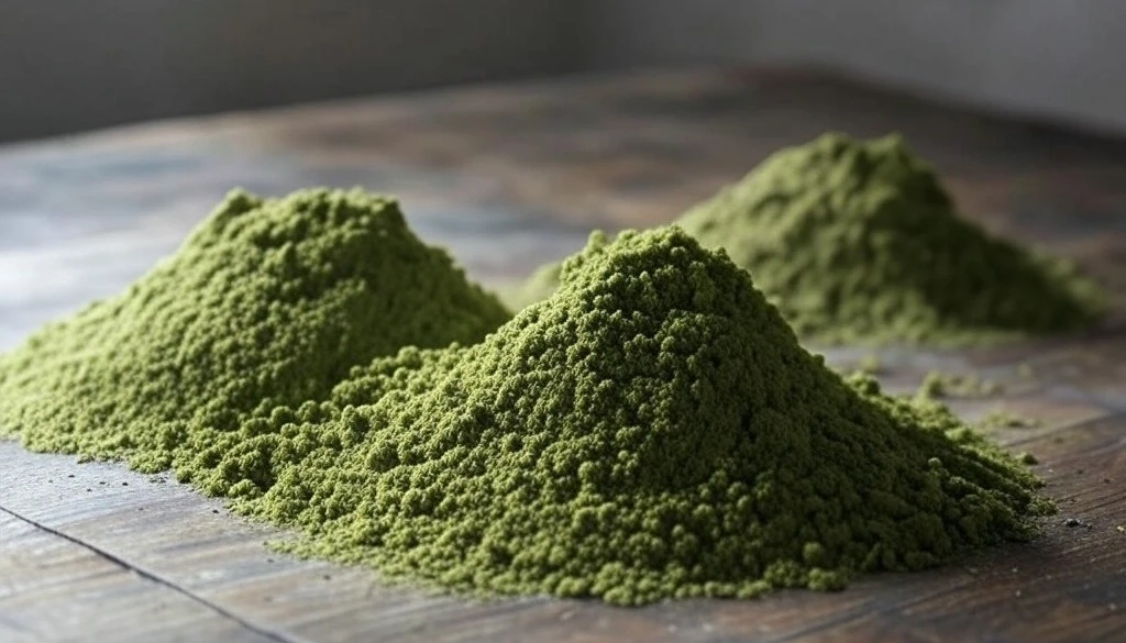 Piles of kratom powder lay on a rustic wooden surface.