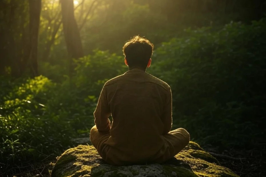 A person meditating in a cross-legged position on a moss-covered rock in a lush forest to enhance mental health.