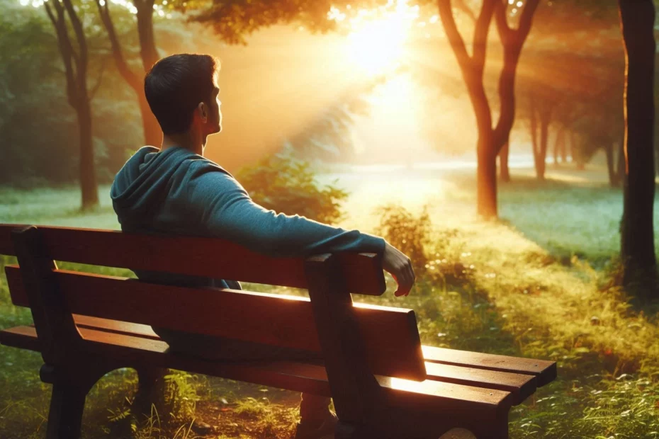 Person in a hoodie sitting on a wooden bench in a forest reflecting on their kratom for sobriety journey.