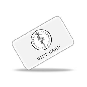 Pharmakeia gift card with circular caduceus logo centred on clean white surface