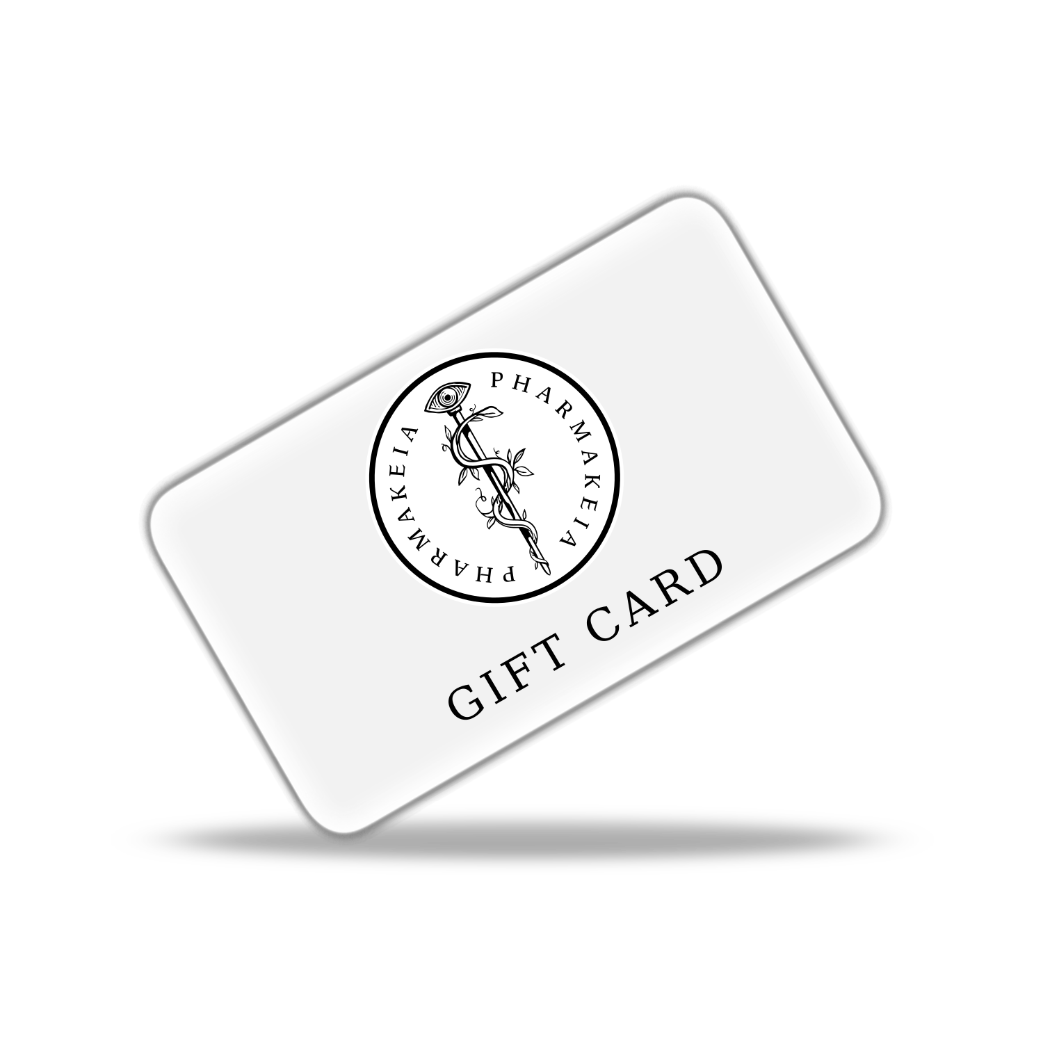 Pharmakeia gift card with circular caduceus logo centred on clean white surface