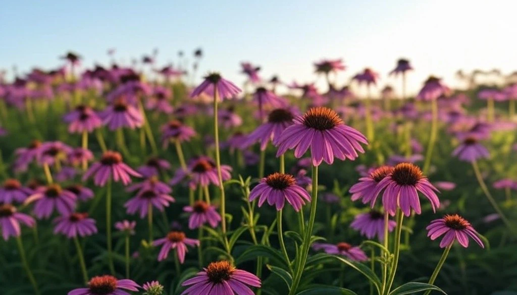 Field of blooming purple echinacea flowers under a clear sky