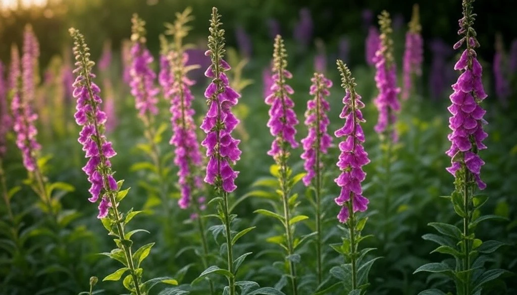 Vibrant purple foxglove flowers in a lush green field during sunset.