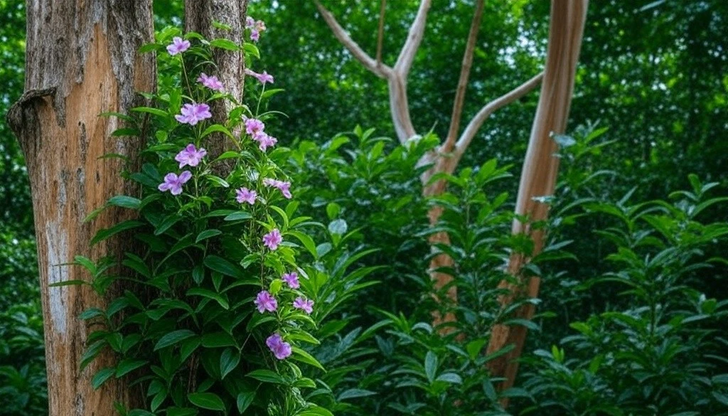 Purple flowering vine climbing a tree trunk in a dense green forest.