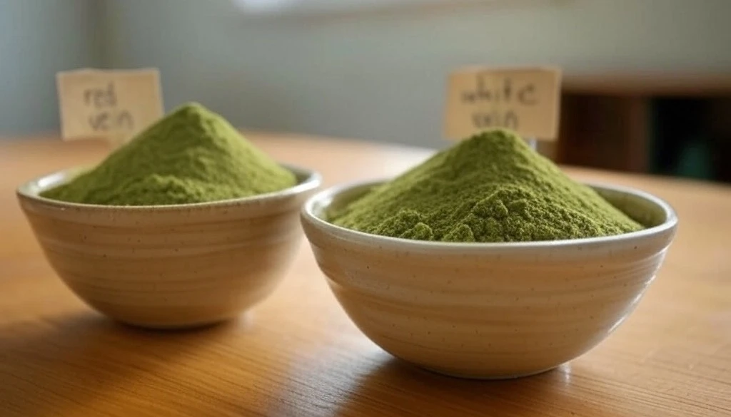 Two bowls of different veins of kratom powder labeled red vein and white vein on wooden table