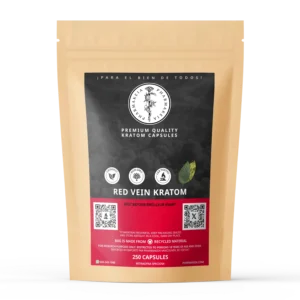 Pharmakeia's red vein kratom 250 capsules package with lab tested, non-gmo and organic seals.