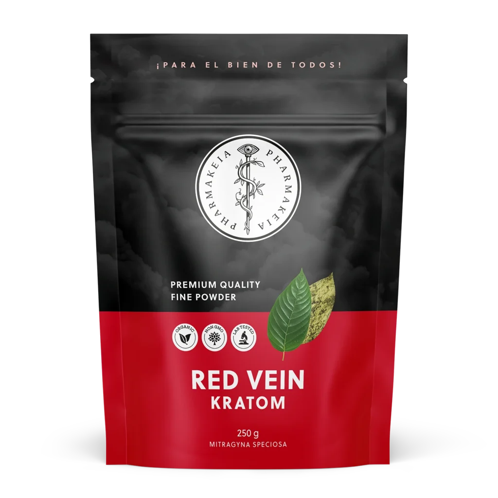 Pharmakeia's Red Vein Kratom packaging front view featuring the company logo, a kratom leaf illustration, product name, and certification badges.