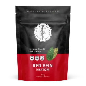 Pharmakeia's Red Vein Kratom packaging front view featuring the company logo, a kratom leaf illustration, product name, and certification badges.
