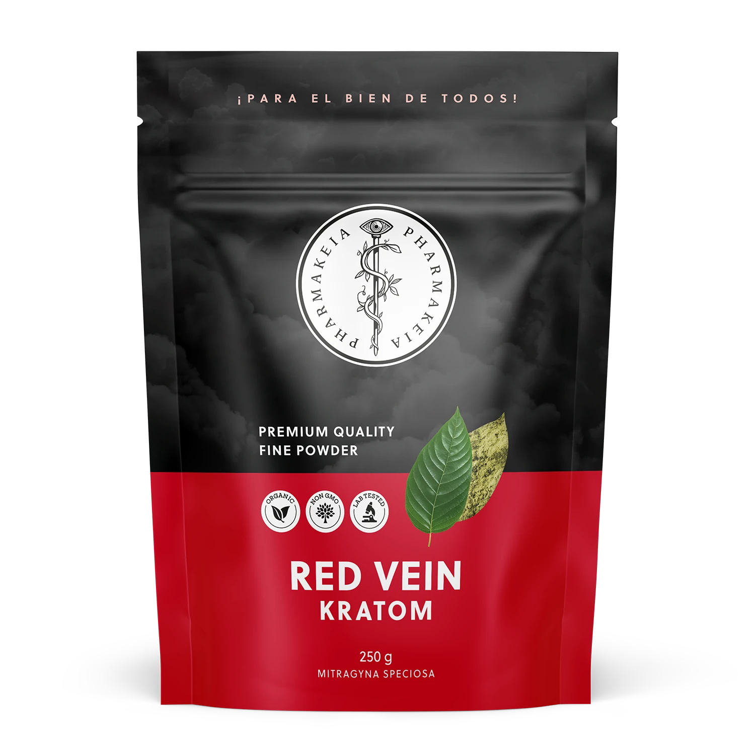 Pharmakeia's Red Vein Kratom packaging front view featuring the company logo, a kratom leaf illustration, product name, and certification badges.