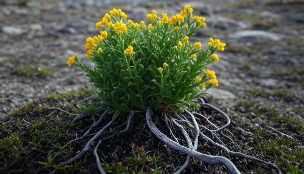 A rhodiola plant with exposed roots growing in a rocky environment.