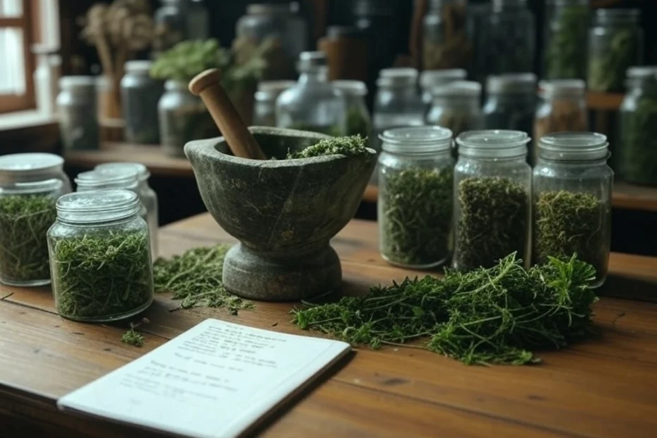 The link between kratom and herbalism with a mortar and pestle with fresh herbs, surrounded by glass jars filled with green plants