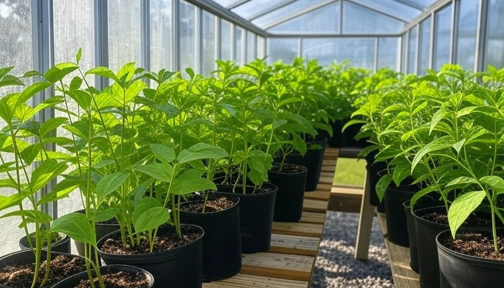 Rows of potted green plants inside a greenhouse