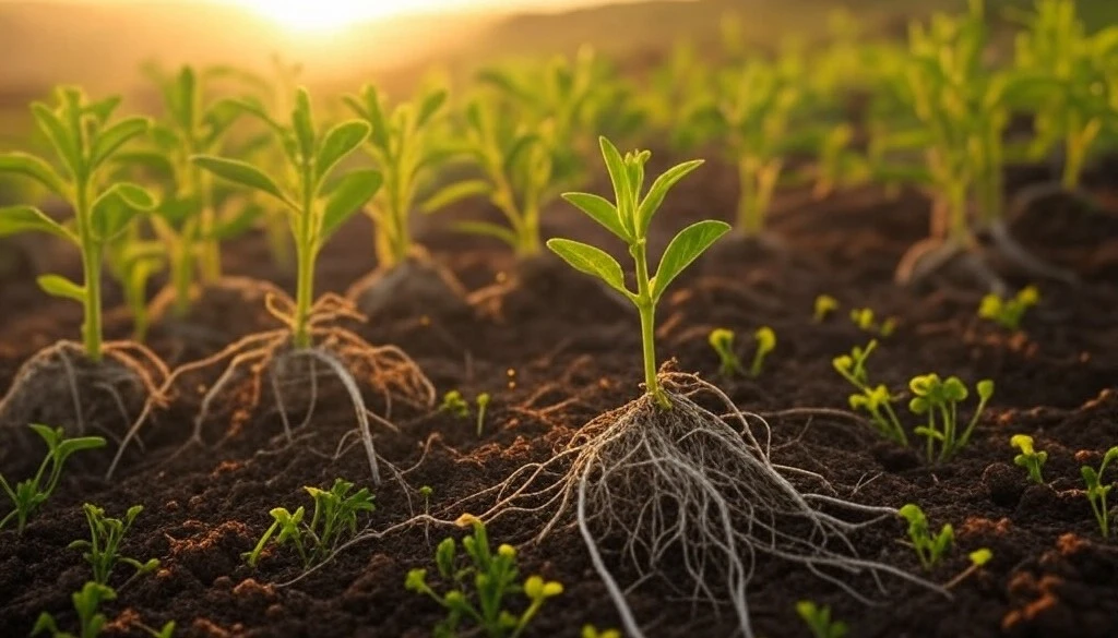 Young green plants with visible roots growing in soil at sunrise