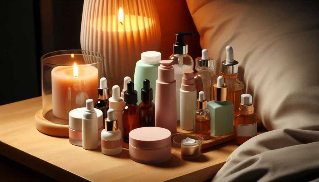 Skincare products and lit candle on a wooden table with a pillow