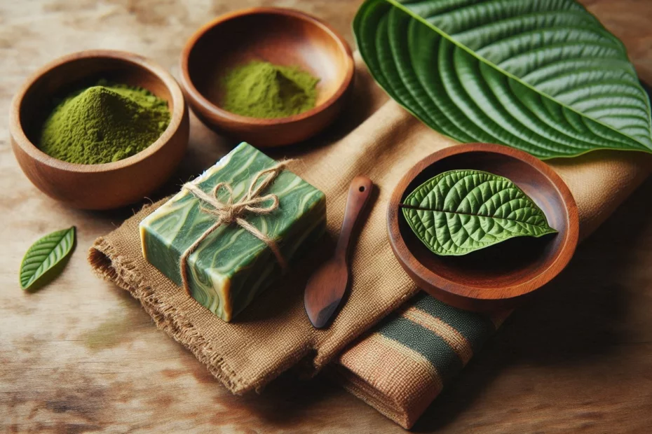 Natural green soap and wooden bowls with kratom powder on a beige fabric, signifying kratom in skincare
