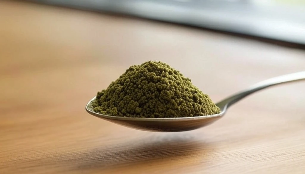 Spoonful of green kratom powder hovering above a wooden surface
