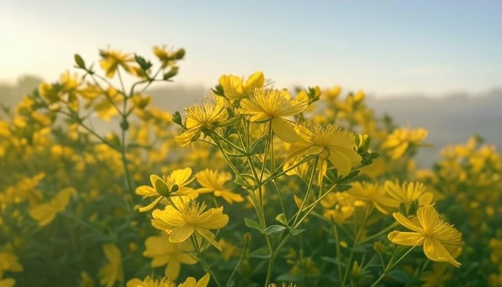 A field of bright yellow St. Johns Wort basking in the soft light of a sunrise with a hazy horizon in the background.