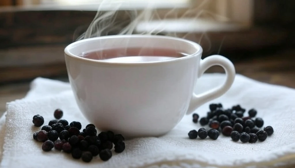 Steaming white cup of herbal tea with dried berries on a white cloth