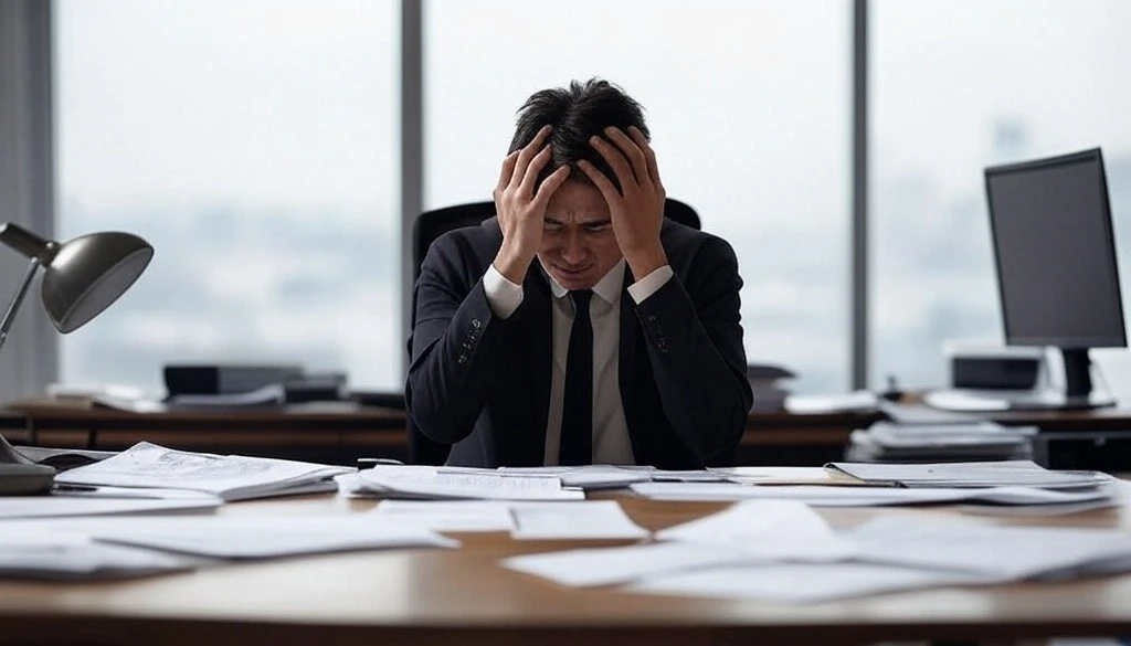 Businessman in a suit holding his head at a cluttered office desk with papers.