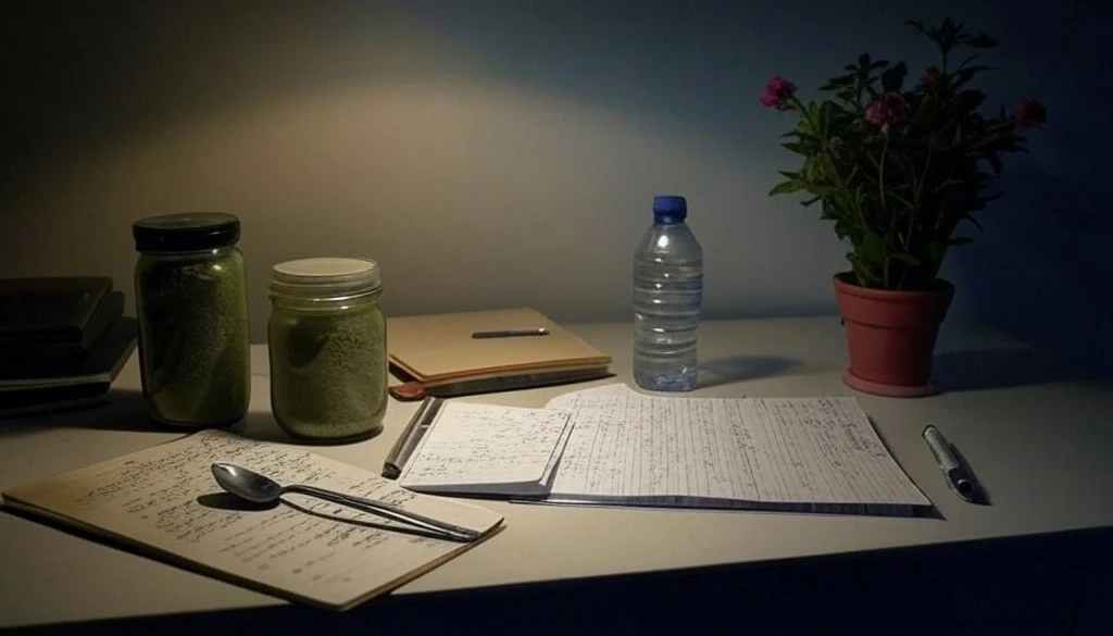 Desk with jars of kratom powder, notebooks, a water bottle, and potted plant under dim light.