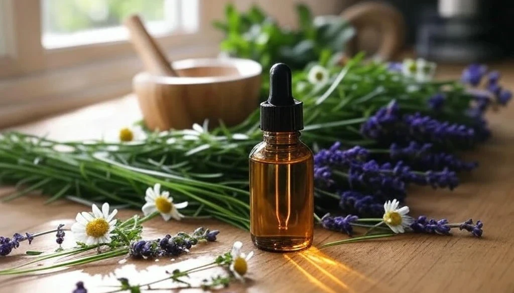 A wooden kitchen countertop with an amber bottle of herbal tinctures, surrounded by fresh lavender, rosemary, and chamomile under soft window light.
