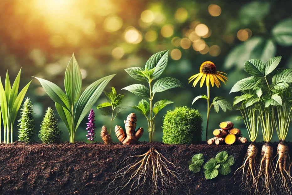 The importance of plant medicine soil health with an assortment of plants and herbs growing in soil with visible roots