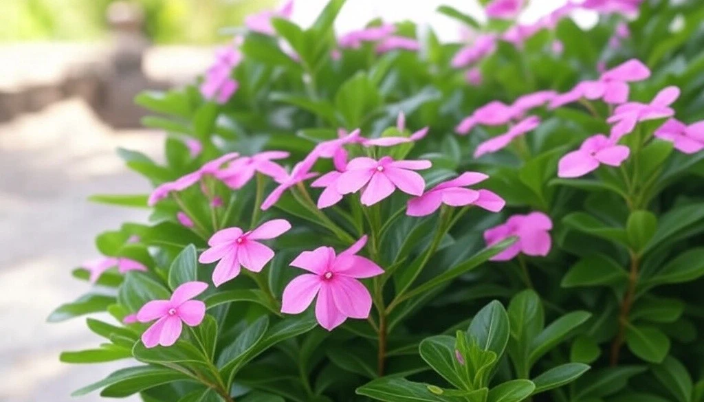 A lush bush adorned with vibrant pink periwinkle flowers.