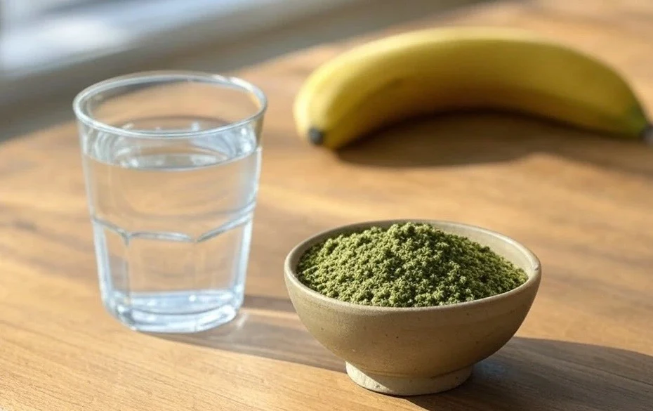 Kratom wobbles featuring a glass of water and banana, and a bowl of kratom powder on a table to help counteract the sensation.