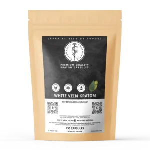 Pharmakeia's white vein kratom capsules (250 count) pouch, with QR codes and lab-tested, organic and non-gmo seals