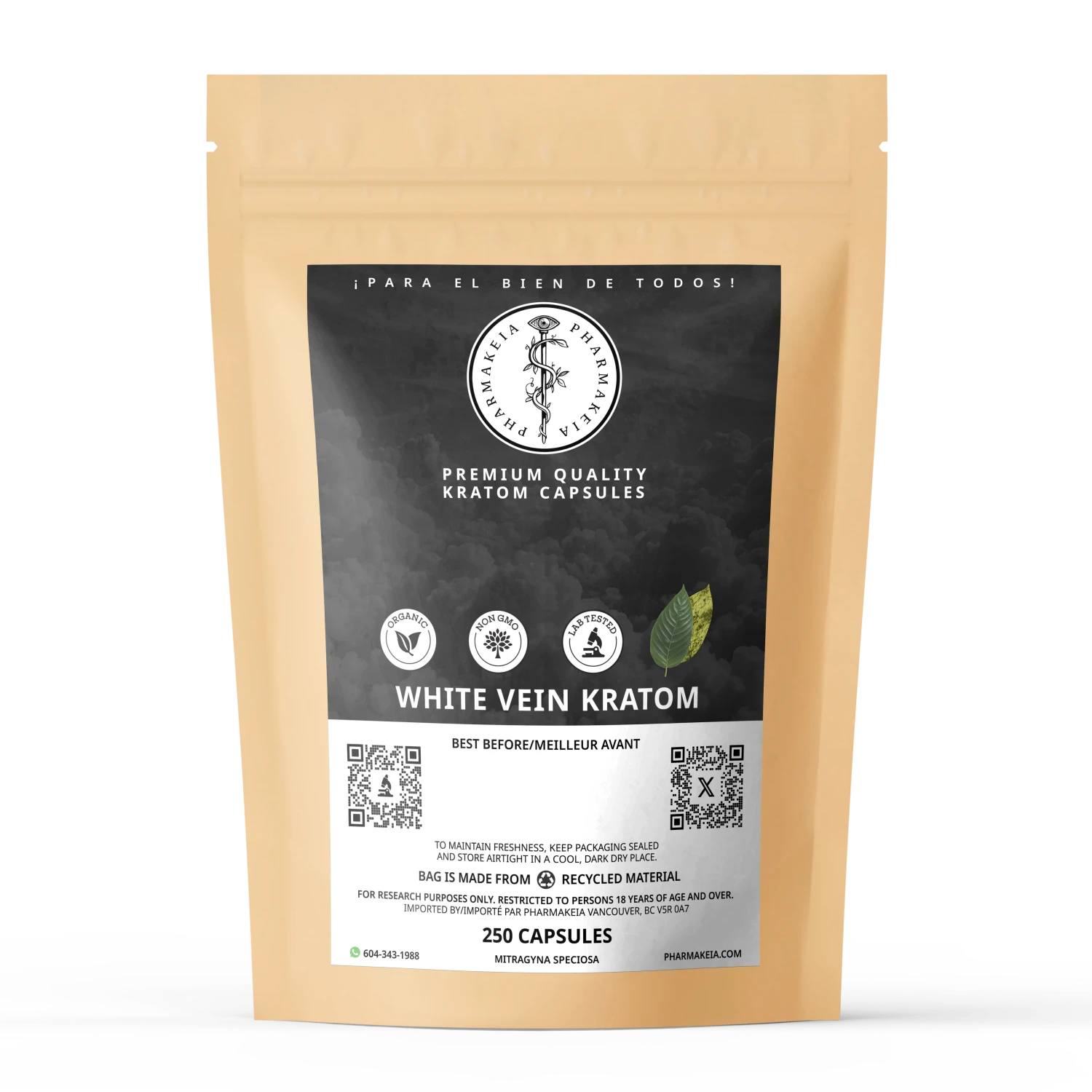 Pharmakeia's white vein kratom capsules (250 count) pouch, with QR codes and lab-tested, organic and non-gmo seals