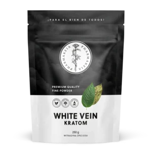 Front view of Pharmakeia's White Vein Kratom packaging with a prominent logo and three small badges of certification.