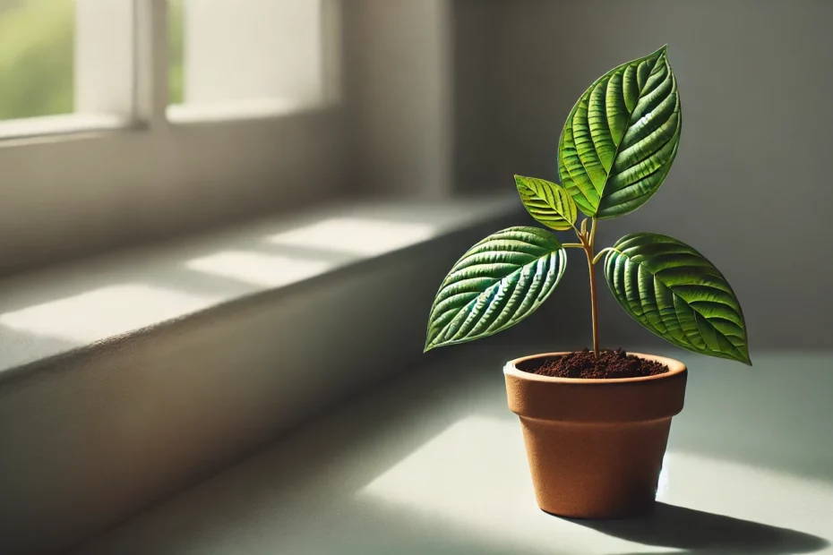 Small potted plant with green leaves on a windowsill, highlighting an option to grow your own kratom.