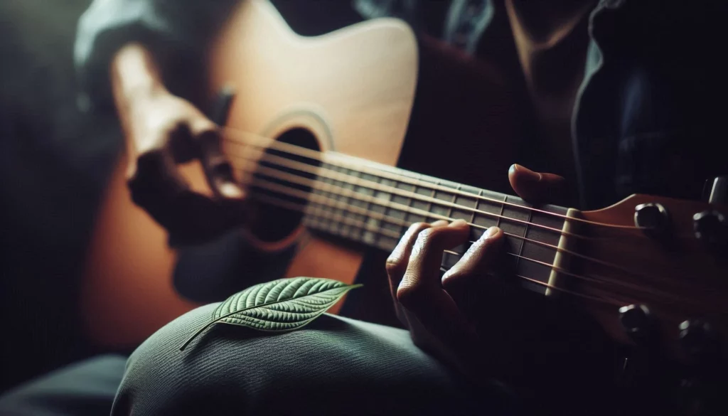 Person playing acoustic guitar with a leaf on lap