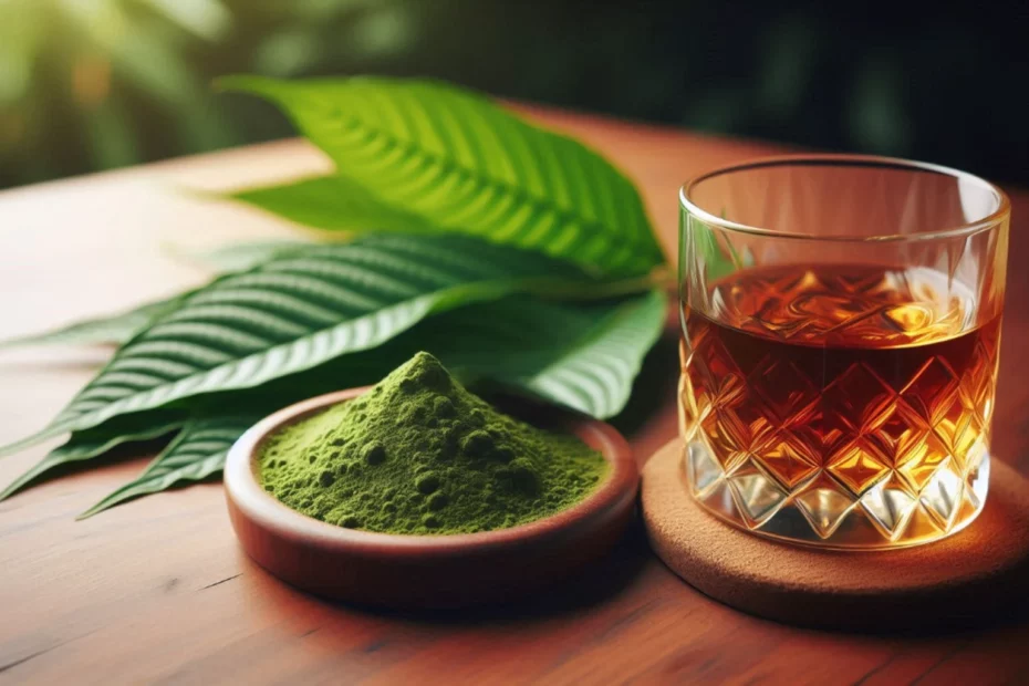Kratom and alcohol with a glass of liquor, kratom powder and leaves on wooden table